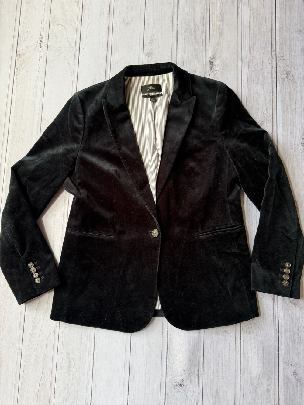 J. Crew Parke black velvet tailored single button striped lining blazer. Size 12